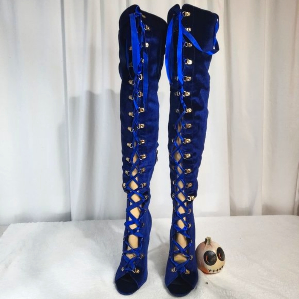 * Cape Robbin Navy Blue Satin Lace Up High Heel Thigh Boots - Picture 7 of 11